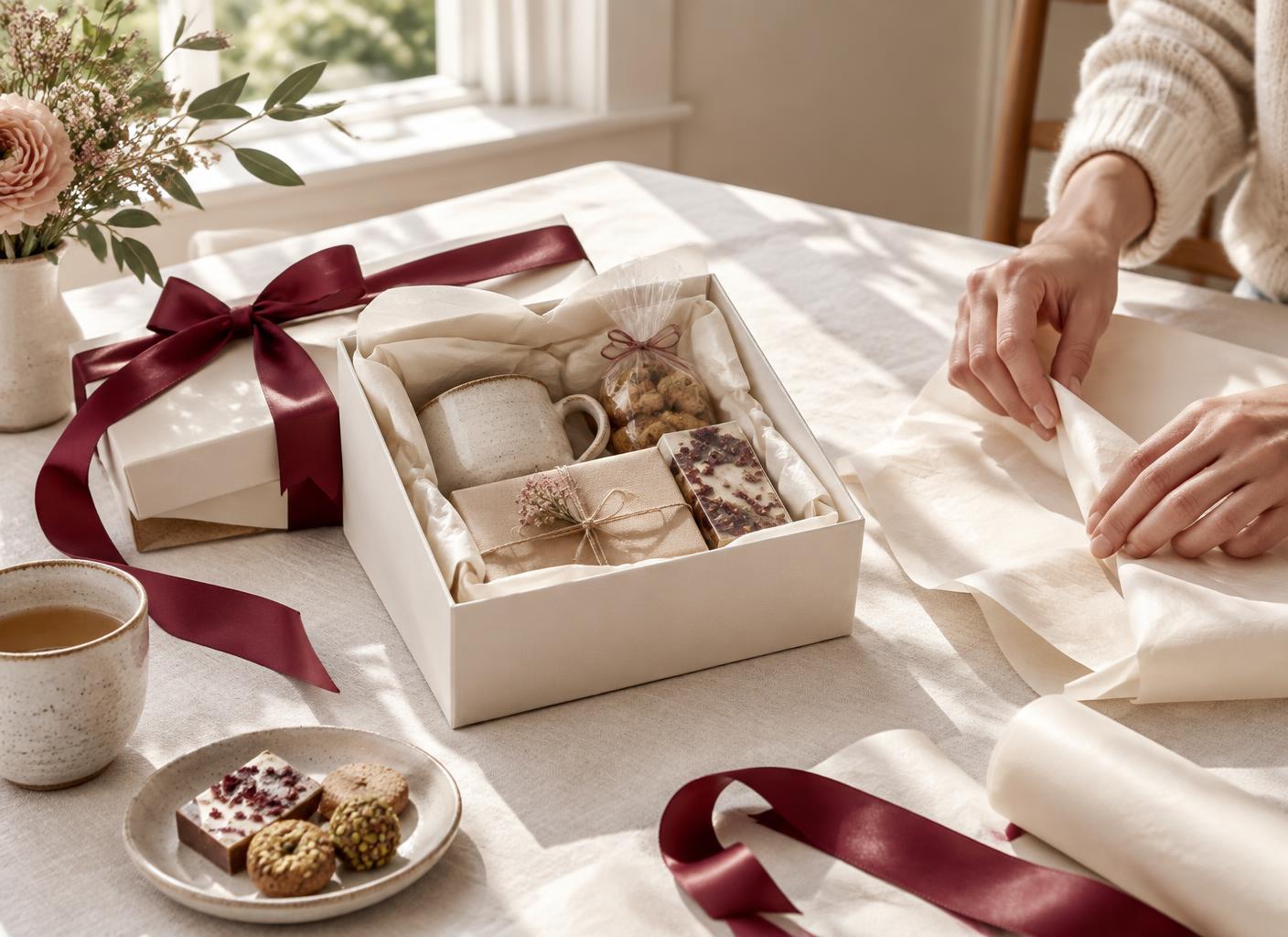 Carefully wrapped gifts arranged in warm natural light