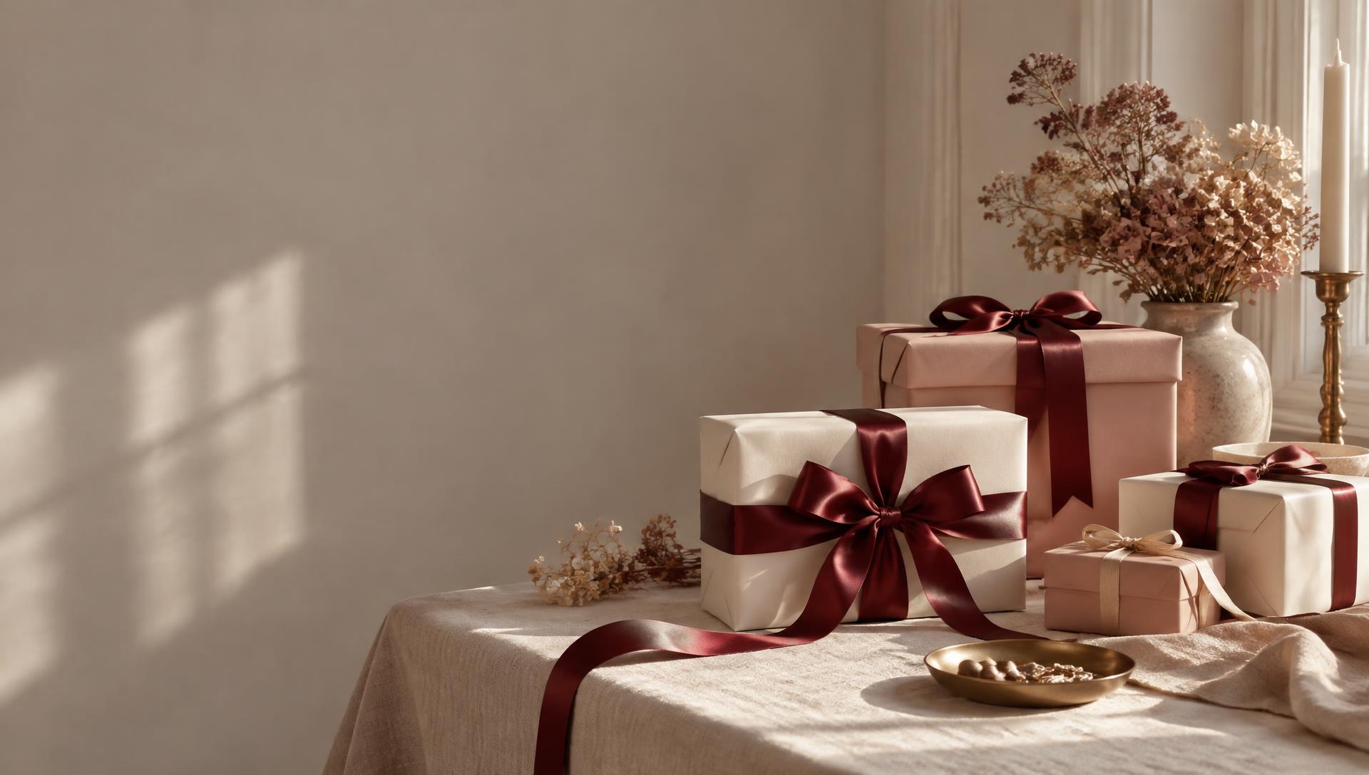 Elegant gift boxes wrapped in ivory and blush paper with burgundy ribbons